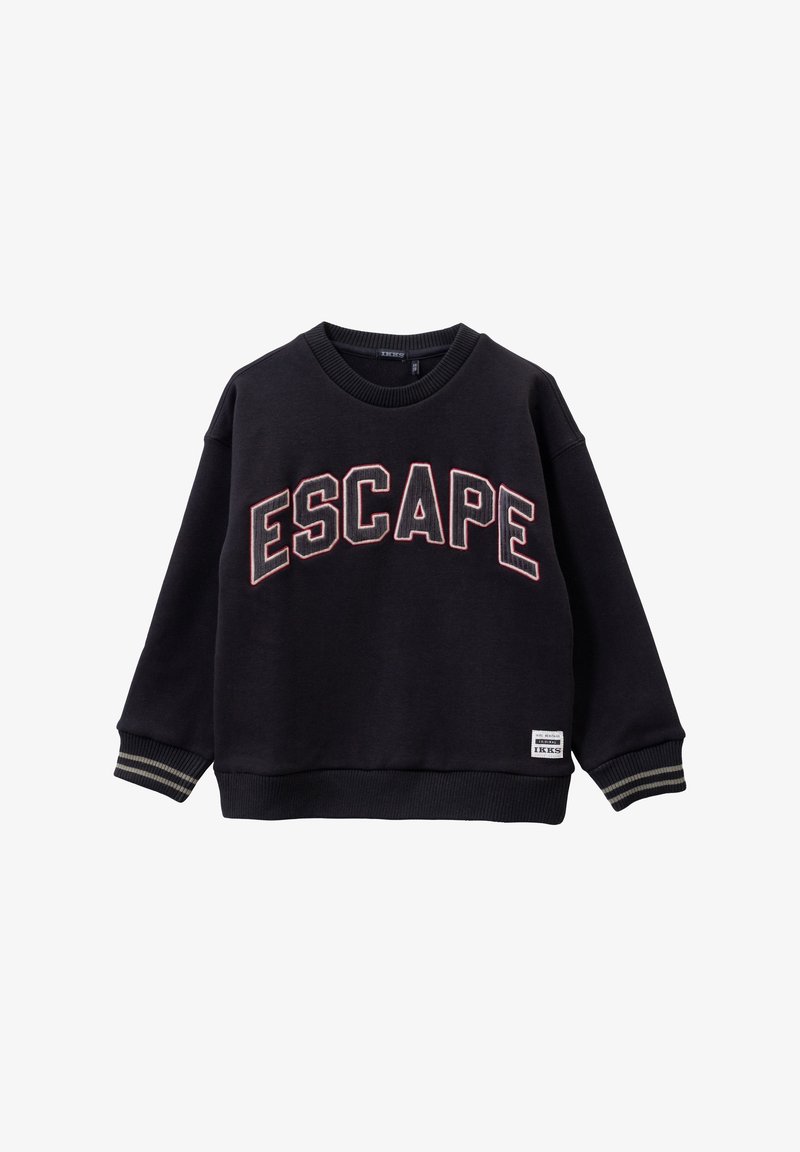 Felpa nera con la scritta "ESCAPE" in lettere grasse. Presenta polsini e orlo a costine con sottili accenti a righe. Materiale in cotone morbido e testurizzato.