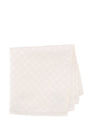 White folded handkerchief with subtle floral pattern and smooth texture on a white background.