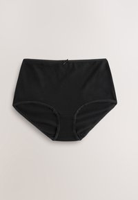 Schwarze Baumwollslips mit hohem Bund, glatter Textur, ohne sichtbare Nähte und mit einer kleinen Schleife auf der Rückseite.