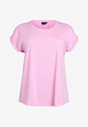 Rožā īsās piedurknes T-krekls, kas izgatavots no mīksta kokvilnas. Tam ir apaļš kakla izgriezums, sarullētas piedurknes un brīvs griezums. Gluda tekstūra bez rakstiem.