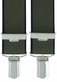Verstellbare Stoffhosenträger in dunkelgrün, mit silbernen Metallclips und einem strukturierten Design. Langlebig und funktional mit einem robusten Gewebe.