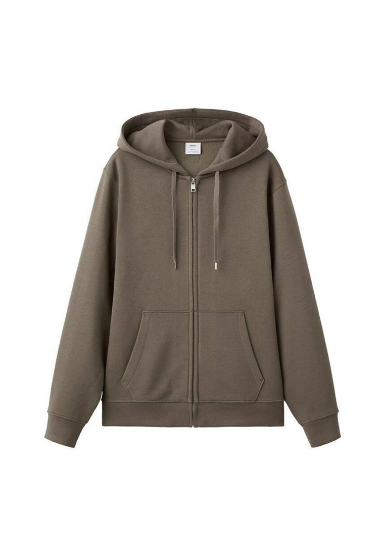 Dark olive green zip-up hoodie made of soft fabric, featuring a large hood, front pockets, and drawstrings for adjustable fit.