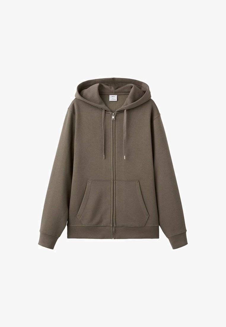 Dark olive green zip-up hoodie made of soft fabric, featuring a large hood, front pockets, and drawstrings for adjustable fit.
