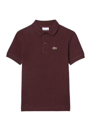 Polo bordeaux in cotone con maniche corte, colletto, placket con tre bottoni e logo coccodrillo verde Lacoste sul petto.