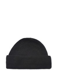 Mustassa neulepipo, jossa on ribbikuvio, pyöreä yläosa ja taitettu reunus. Valmistettu joustavasta materiaalista tiukkaa istuvuutta varten.