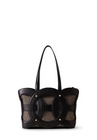 Zwarte leren totebag met circulaire uitsparingen, een steentjes textuur, gouden accenten en twee stevige schouderbanden.