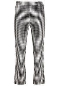 Pantalons à motif pied-de-coq noir et blanc avec une taille cintrée, des jambes évasées et une texture lisse. Longueur mi-mollet.
