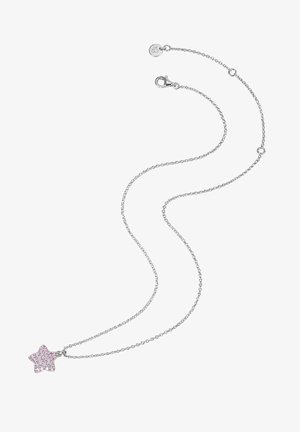 Sølv kædested med en stjernesymbol pyntet med pink rhinsten. Delikat linkdesign, sikker klipslås og justerbar længde.