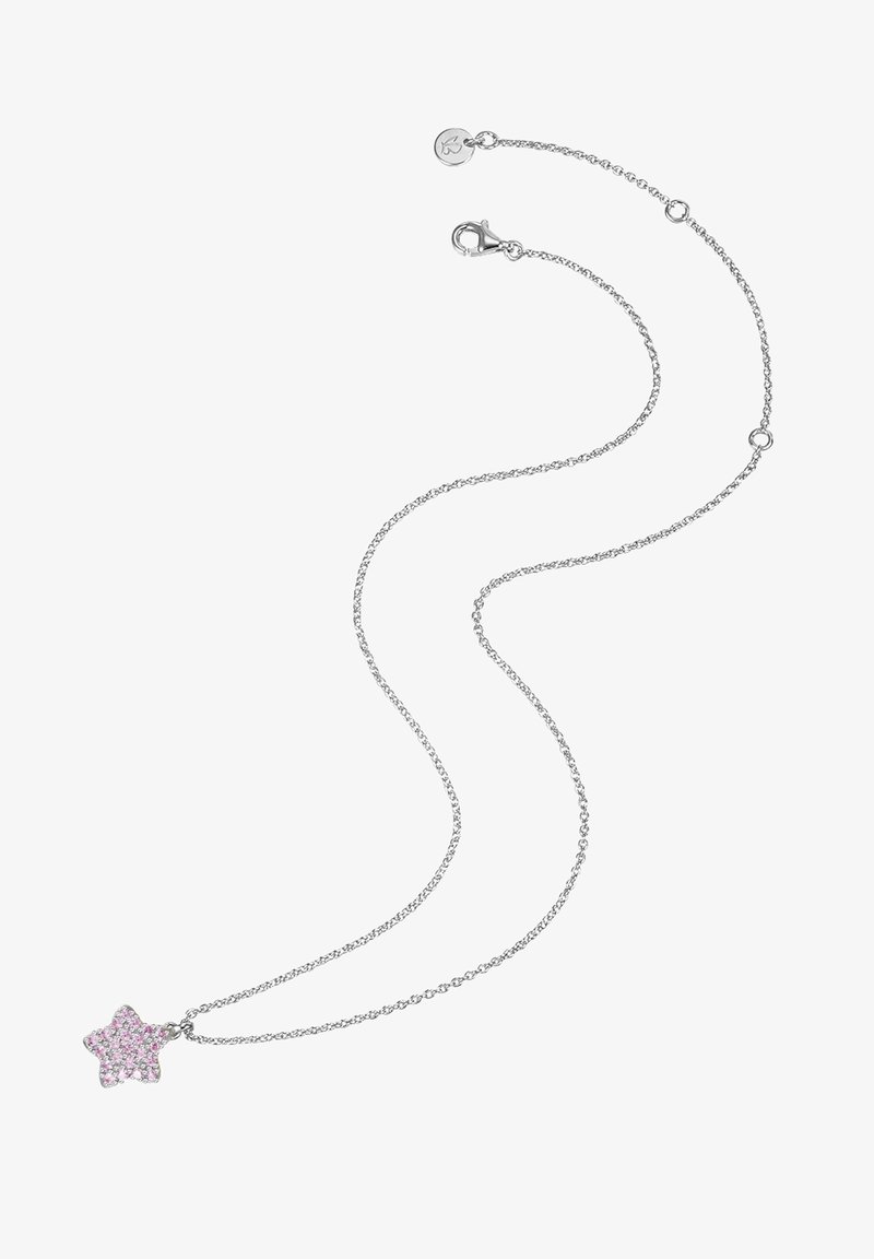 Sølv kædested med en stjernesymbol pyntet med pink rhinsten. Delikat linkdesign, sikker klipslås og justerbar længde.