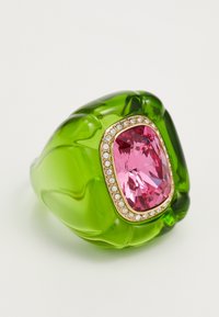 Green resin ring featuring a large oval pink gemstone surrounded by a halo of small clear stones, showcasing a smooth, glossy texture.
