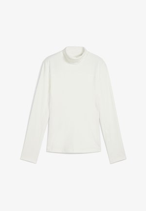 Weißes Langarm-Turtleneck-Oberteil aus glattem Stoff, mit taillierter Form, minimalen Nähten und einem gebogenen Kragen.
