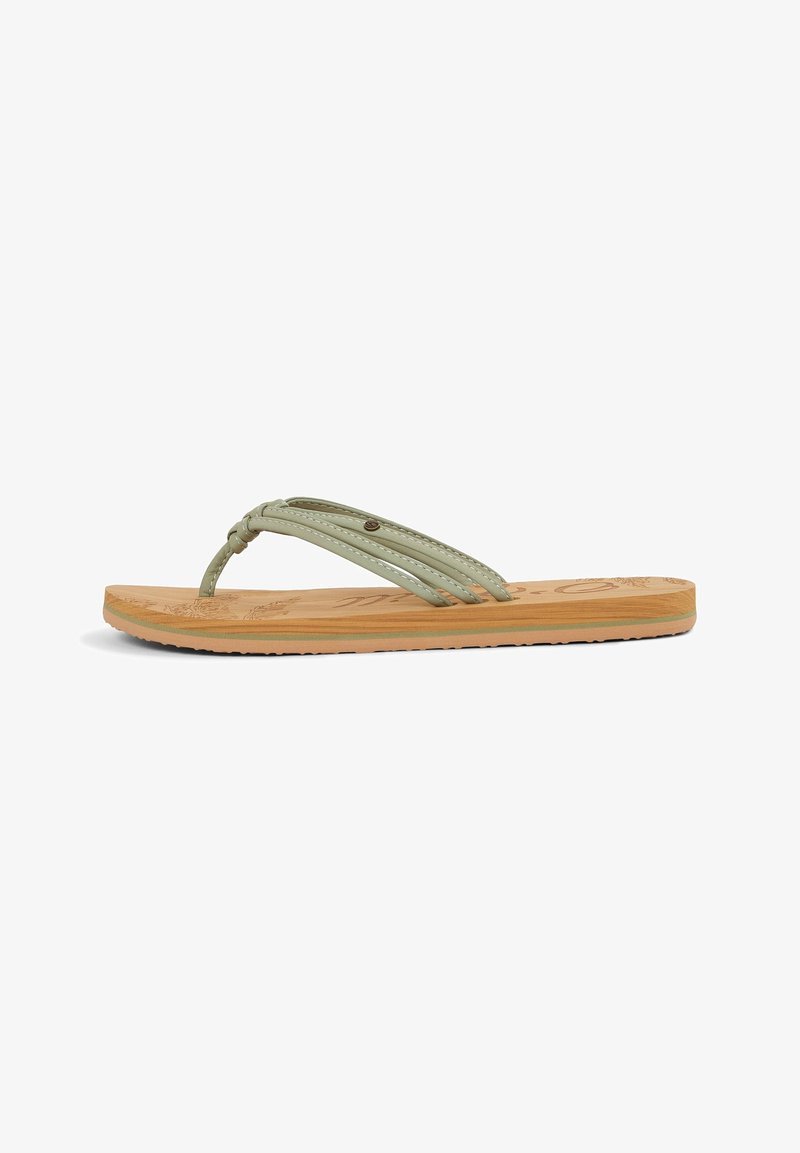 Light green flip-flop with thin straps, featuring a textured tan insole and a flat, flexible rubber sole designed for casual wear.