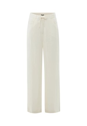 Pantaloni a gamba larga color crema con tasche frontali e cintura a fiocco in vita, mostrati su uno sfondo bianco semplice.