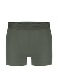 Olive green boxer briefs made from soft fabric, featuring an elastic waistband with "TEN CATE" logo and a functional front fly.