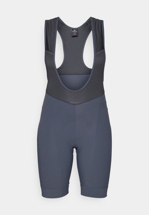 Grey padded cycling bib shorts with mesh shoulder straps, rounded neckline, and fitted leg bands. Made of stretchy, breathable fabric.