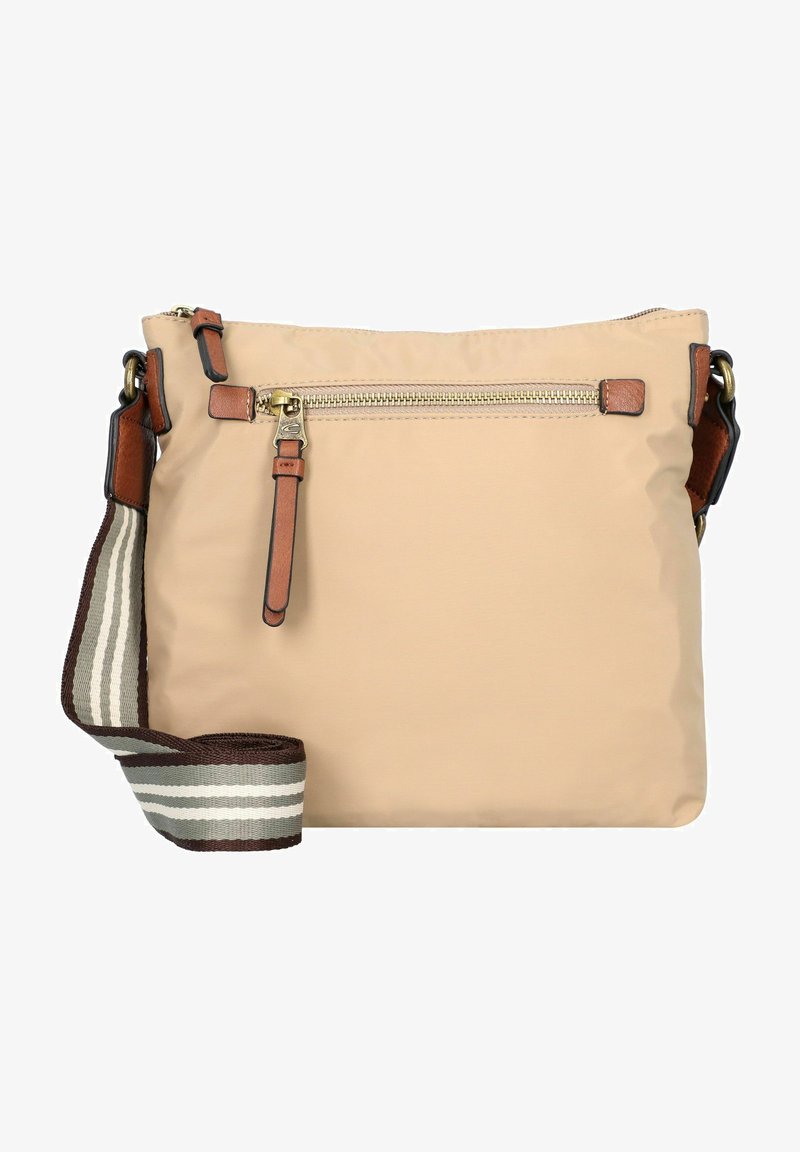 Beige Nylon Umhängetasche mit einer vorderen Reißverschlusstasche, braunen Lederdetails und einem gestreiften Stoff-Schultergurt. Insgesamt glatte Textur.