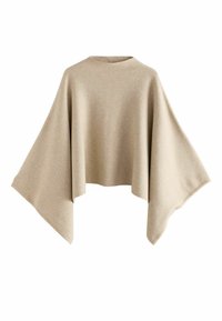 Poncho de mezcla de lana beige con un cuello alto y mangas anchas y fluidas. Textura suave con un brillo sutil y sin cierres visibles.