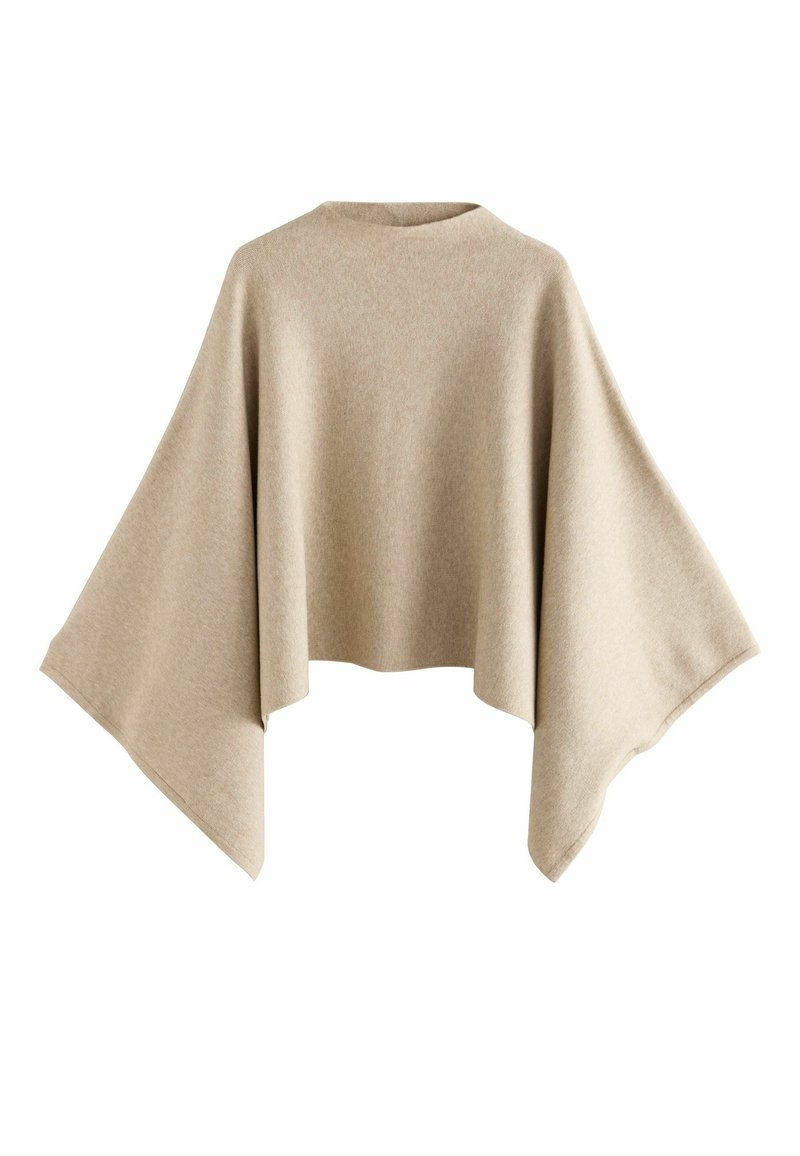 Poncho de mezcla de lana beige con un cuello alto y mangas anchas y fluidas. Textura suave con un brillo sutil y sin cierres visibles.
