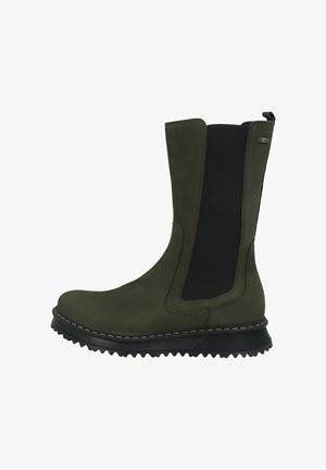 Green leather ankle boot featuring elastic side panels, round toe, textured black sole with ridges, and contrasting stitching detail.
