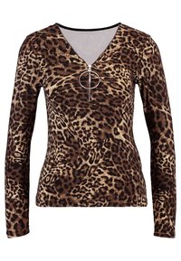 Dlouhý rukáv top s potiskem leopardího vzoru, s výstřihem do V a stříbrným zipem s kruhovým táhlem. Materiál má měkký, texturovaný povrch.