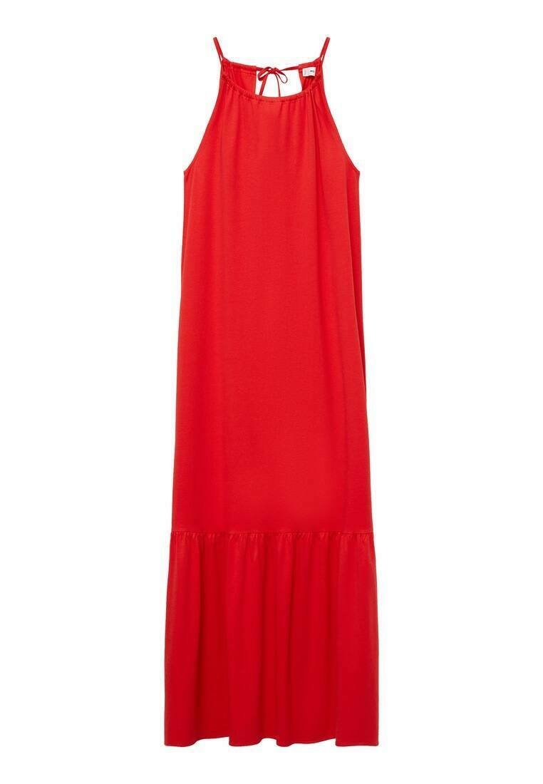 Vestido maxi sin mangas de color rojo con escote redondo, detalle de lazo y dobladillo con volantes fruncidos. Fabricado en una tela ligera y suave.