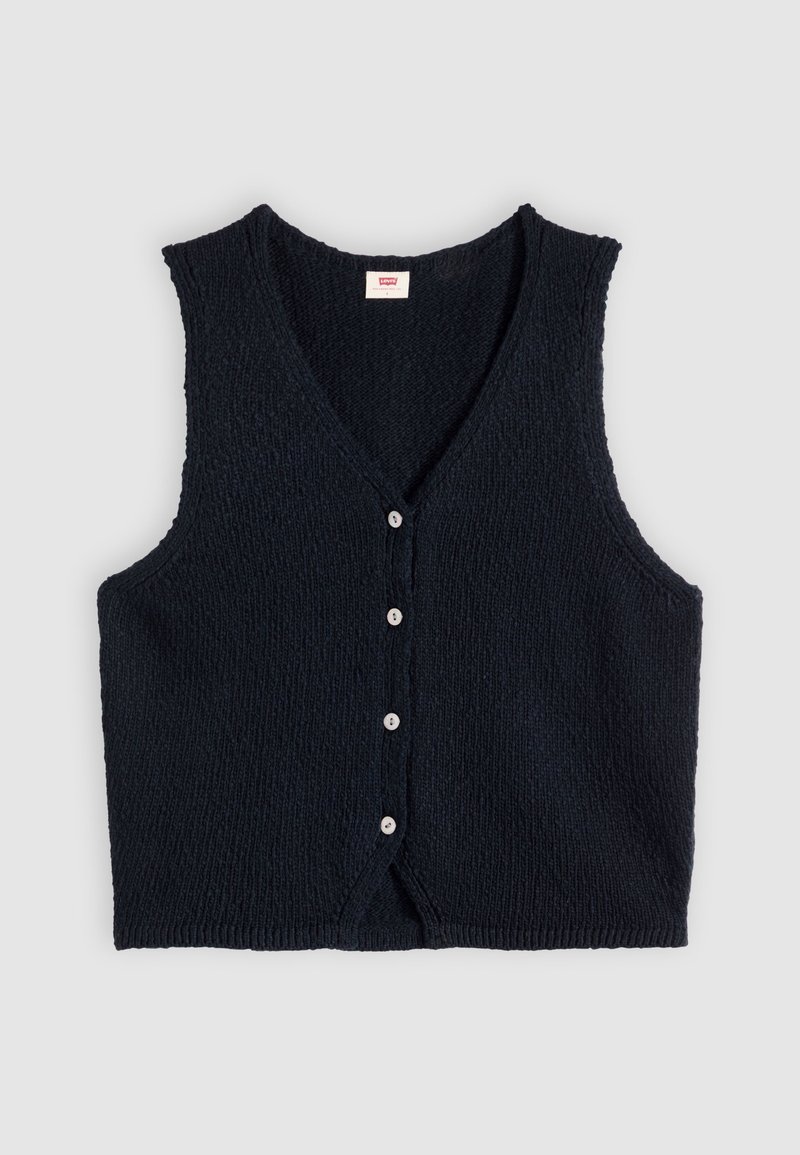 Black knitted sleeveless vest with V-neck and four white buttons down the front, displayed against a plain grey background.