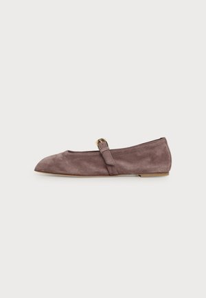 Brown suede Mary Jane flat shoe with a thin strap and gold buckle, low heel, and rounded toe, viewed from the side on a white background.