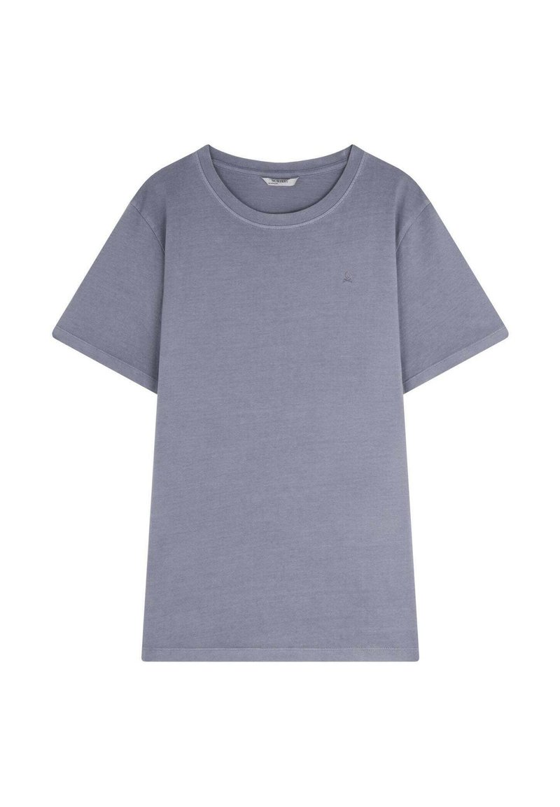 T-shirt in cotone lilla con maniche corte, scollatura a girocollo e un piccolo logo sul petto. Texture morbida e vestibilità rilassata.
