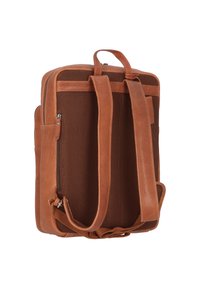 Mochila de cuero marrón con un panel trasero de malla texturizada, doble correa y un bolsillo con cremallera en el lateral. Forma rectangular, material duradero.