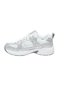 White athletic shoe with silver accents, mesh upper, padded tongue, and flexible rubber sole. Features laces and a small pull tab on the heel.