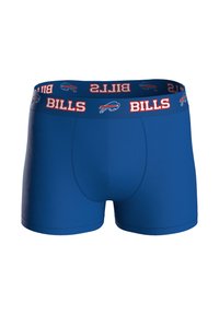 Boxer da uomo blu a vestibilità aderente, con una fascia in vita logata in rosso e bianco che recita "BILLS" con la silhouette di un bufalo blu.