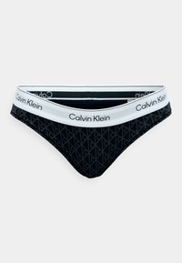 Czarne majtki bikini Calvin Klein z białym paskiem z logo. Wykonane z miękkiego, elastycznego materiału z subtelnym geometrycznym wzorem na tkaninie.