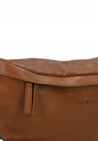 Borsa in pelle marrone con una texture liscia, dotata di chiusura superiore a zip e cuciture sottili. Nome del marchio "GREEN BURRY" impresso sul lato.