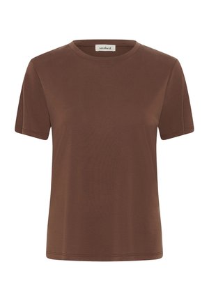 T-shirt marron à manches courtes avec col rond, portant une petite étiquette "soaked" à l'intérieur du col au dos, uni et sans ornements.