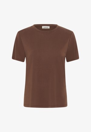 T-shirt marron à manches courtes avec col rond, portant une petite étiquette "soaked" à l'intérieur du col au dos, uni et sans ornements.