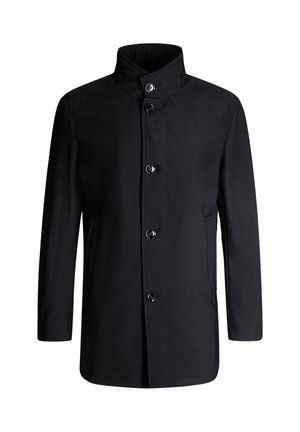 Cappotto nero con alto collo, chiusura a bottoni, tasche laterali e un design elegante e slanciato realizzato in un tessuto morbido.