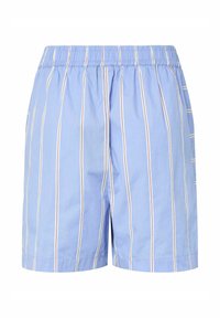 Short bleu clair avec des rayures verticales blanches et rouges et une taille élastique, présenté sur un fond blanc.