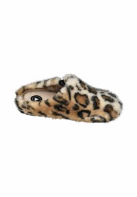 Leopard-print faux fur slipper with a soft interior, rounded shape, and low profile. Black accents on the inner sole and heel area.