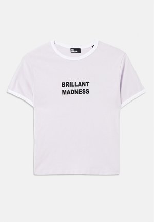 White cotton t-shirt with short sleeves, crew neck, and black text "BRILLANT MADNESS" on the front, featuring contrasting black trim.