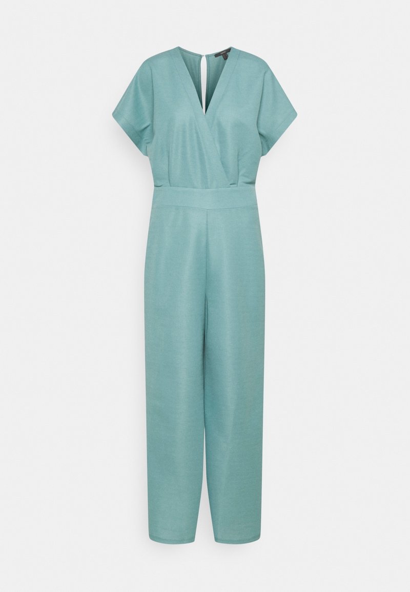 Licht teal jumpsuit met korte mouwen, V-hals wikkelbodice, aansluitende taille en brede rechttoe-rechtaan broekspijpen op een witte achtergrond.