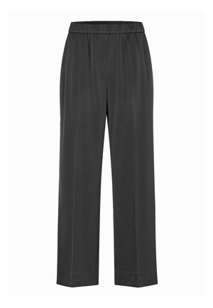 Šedé široké kalhoty s elastickým pasem, vyrobené z hladké tkaniny. Disponují čistými liniemi a rovnými nohavicemi pro uvolněný střih.