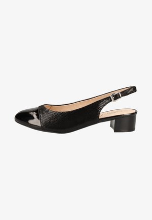 Schwarzer Slingback-Schuh mit einem strukturierten Obermaterial und einer glänzenden Kappe. Verfügt über einen niedrigen Blockabsatz und einen verstellbaren Riemen für eine optimale Passform.