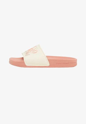 Pink slide sandal with a white strap featuring pink and brown typography, and "bruno banani" embossed on the sole side.