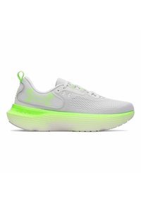 Gray athletic shoe with a textured upper, neon green accents, a cushioned sole, and a pull tab at the heel. Features breathable design.