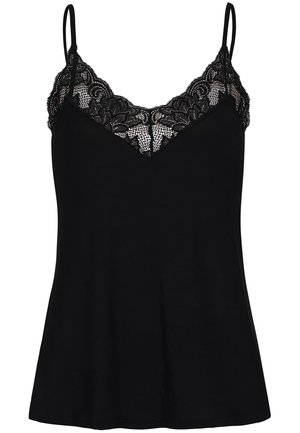Black camisole with adjustable spaghetti straps, featuring a lace trim along the neckline, made of soft material with a flowing silhouette.