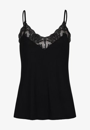 Black camisole with adjustable spaghetti straps, featuring a lace trim along the neckline, made of soft material with a flowing silhouette.