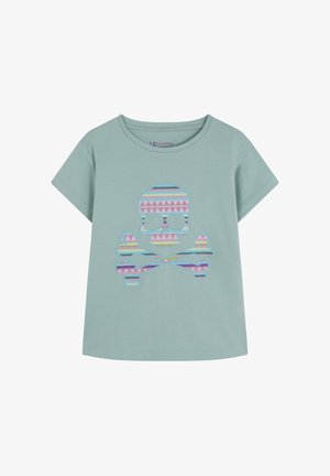 Mint green cotton t-shirt with short sleeves featuring a graphic skull and crossbones design in pastel colors and geometric patterns.