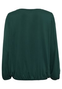 Dunkelgrüne Bluse mit langen Ärmeln, rundem Ausschnitt und gerafftem Saum. Weicher, glatter Stoff mit leichtem Glanz und lockerem Schnitt.