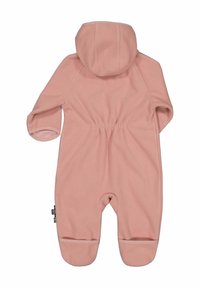 Vaaleanpunainen fleece-vauvan haalari, jossa on huppu, pitkät hihat ja joustava vyötärö. Saumattomat hihansuut ja jalkapohjat tarkoitettu lämpöön ja mukavuuteen.