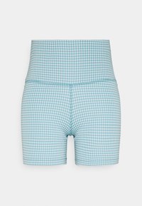 Niebieskie szorty w kratkę o wysokim stanie. Wykonane z elastycznego materiału, charakteryzujące się gładką fakturą i starannym wykończeniem.